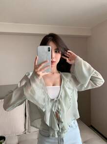 DAZY Chất rắn Viền Ruffle Tie Trước Áo sơ mi - màu xanh lá - Xem 8
