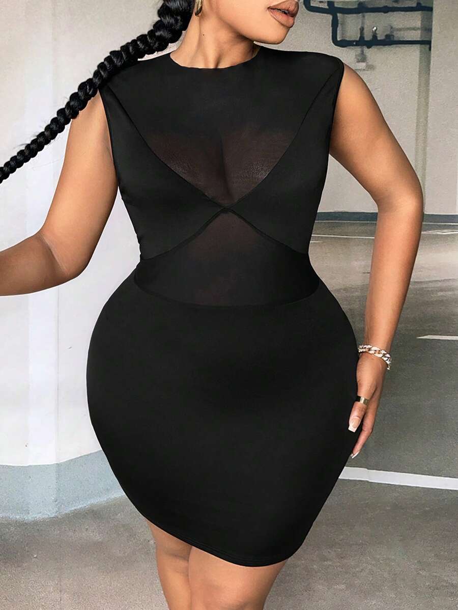 Slaydiva Plus Solid Mesh Insert Bodycon Dress - Black - View 1