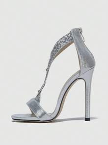魅力四射銀涼鞋適用於金屬質感水鑽裝飾細跟踝帶平底涼鞋 - 銀色 - 查看 3