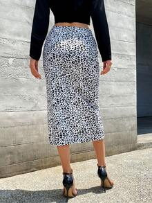 SHEIN LUNE Leopard Print Split Thigh Skirt - Black and White - View 3