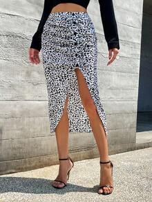 SHEIN LUNE Leopard Print Split Thigh Skirt - Black and White - View 4