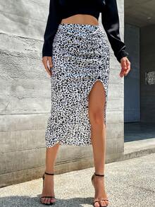 SHEIN LUNE Leopard Print Split Thigh Skirt - Black and White - View 5