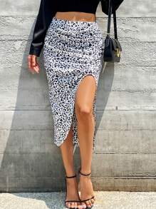 SHEIN LUNE Leopard Print Split Thigh Skirt - Black and White - View 1