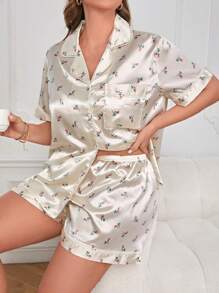 Plus Floral Print Contrast Piping Satin Blouse & Shorts PJ Set - Champagne - View 1