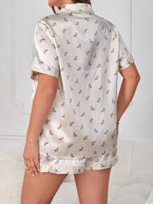 Plus Floral Print Contrast Piping Satin Blouse & Shorts PJ Set - Champagne - View 2