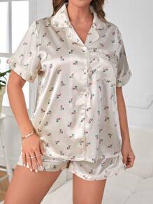Plus Floral Print Contrast Piping Satin Blouse & Shorts PJ Set - Champagne - View 4