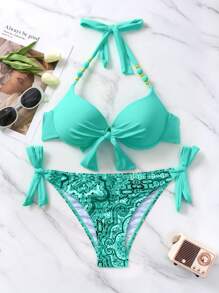 Swim Vcay 女士夏季海滩佩斯利印花前结聚拢比基尼套装