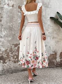 SHEIN VCAY Floral Print Elastic Waist Skirt - Multicolor - View 4