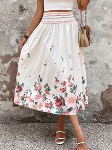SHEIN VCAY Floral Print Elastic Waist Skirt - Multicolor - View 1