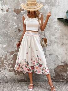 SHEIN VCAY Floral Print Elastic Waist Skirt - Multicolor - View 5