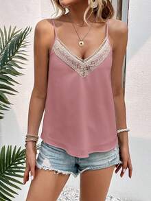 SHEIN Clasi 拼接水溶蕾絲吊帶上衣 - 粉色 - 查看 4