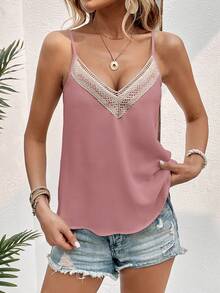 SHEIN Clasi 拼接水溶蕾絲吊帶上衣 - 粉色 - 查看 5