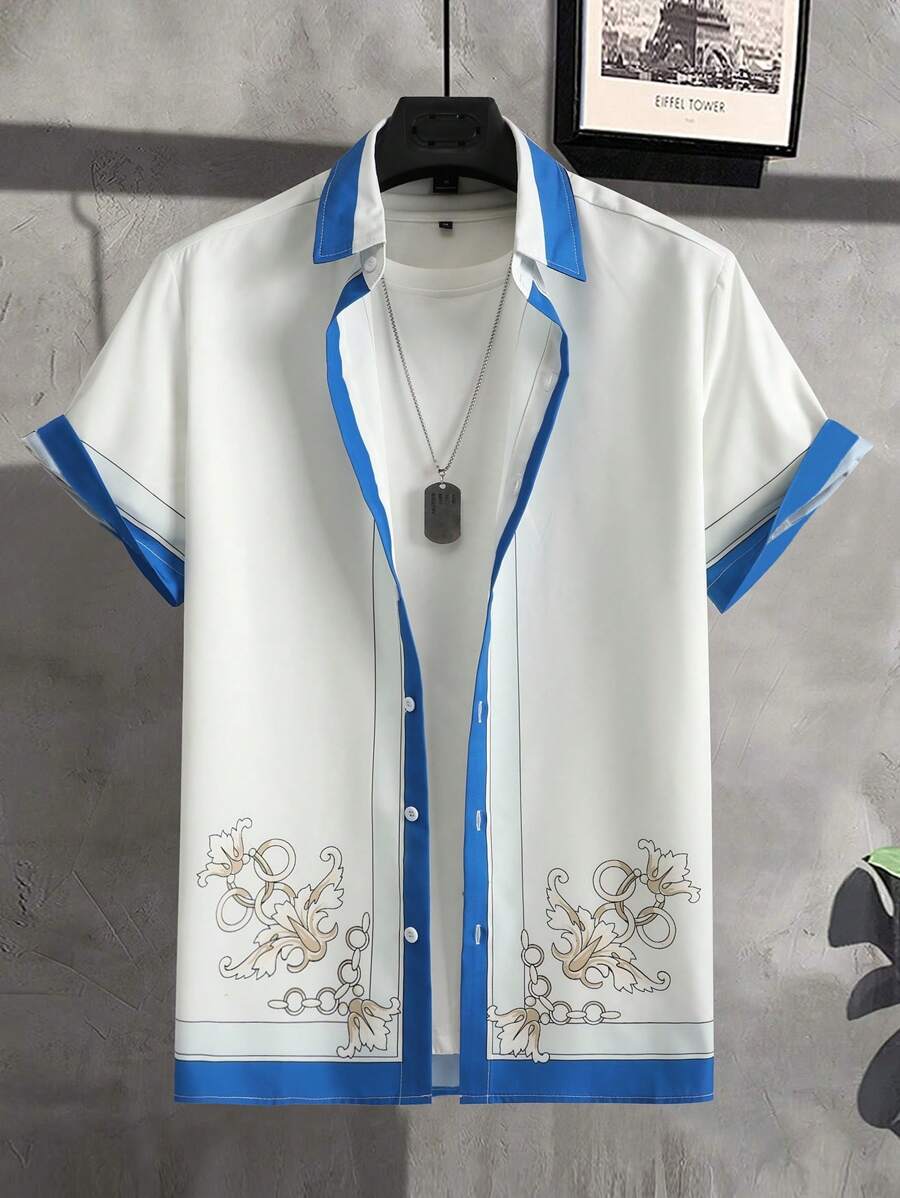 Manfinity RSRT Áo sơ mi nam in hoa tương phản không có áo thun, tay áo ngắn có nút lên khối màu đồ họa Áo sơ mi đi biển đi nghỉ - trắng - Xem 1