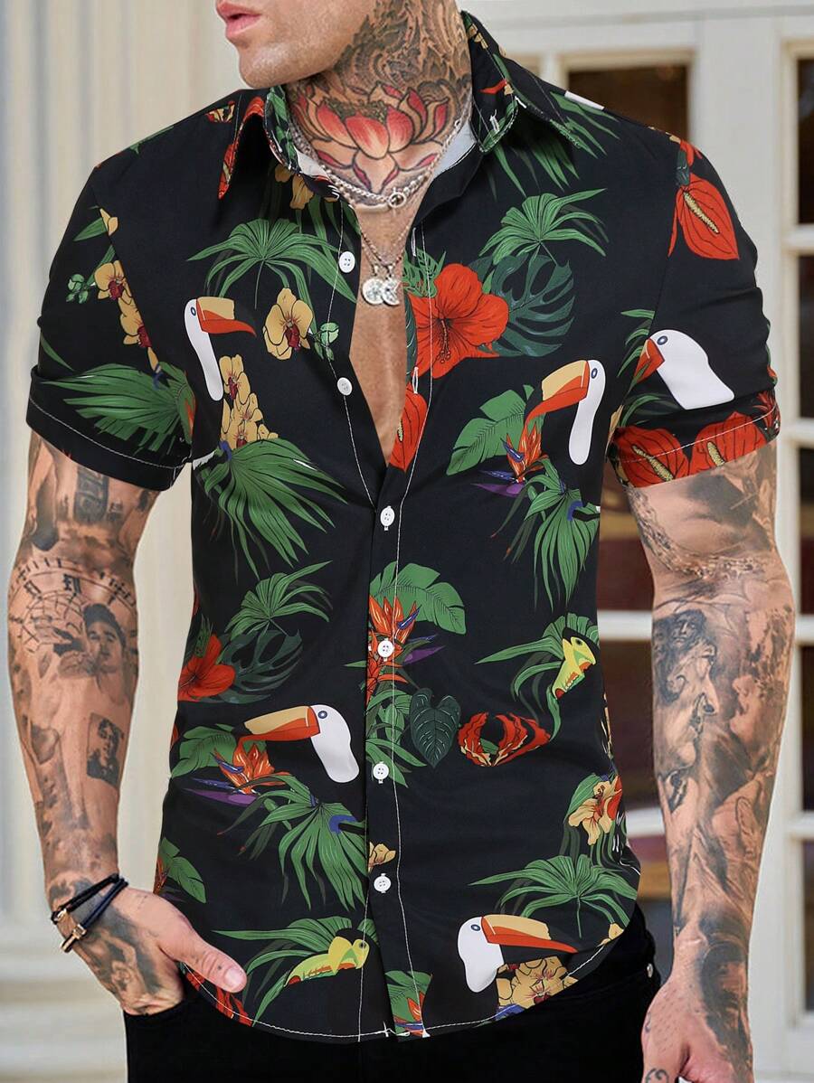 Manfinity RSRT Men 1pc Tropical Print Shirt - Black - View 1