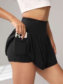 SHEIN EZwear 高腰手機口袋細節裙裤 - 黑色 - 查看 1