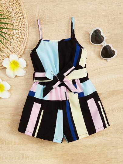 SHEIN Baby Girl Colorblock Belted Cami Romper