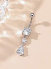 方晶鋯石水滴裝飾臍環 - 銀色 - 查看 1