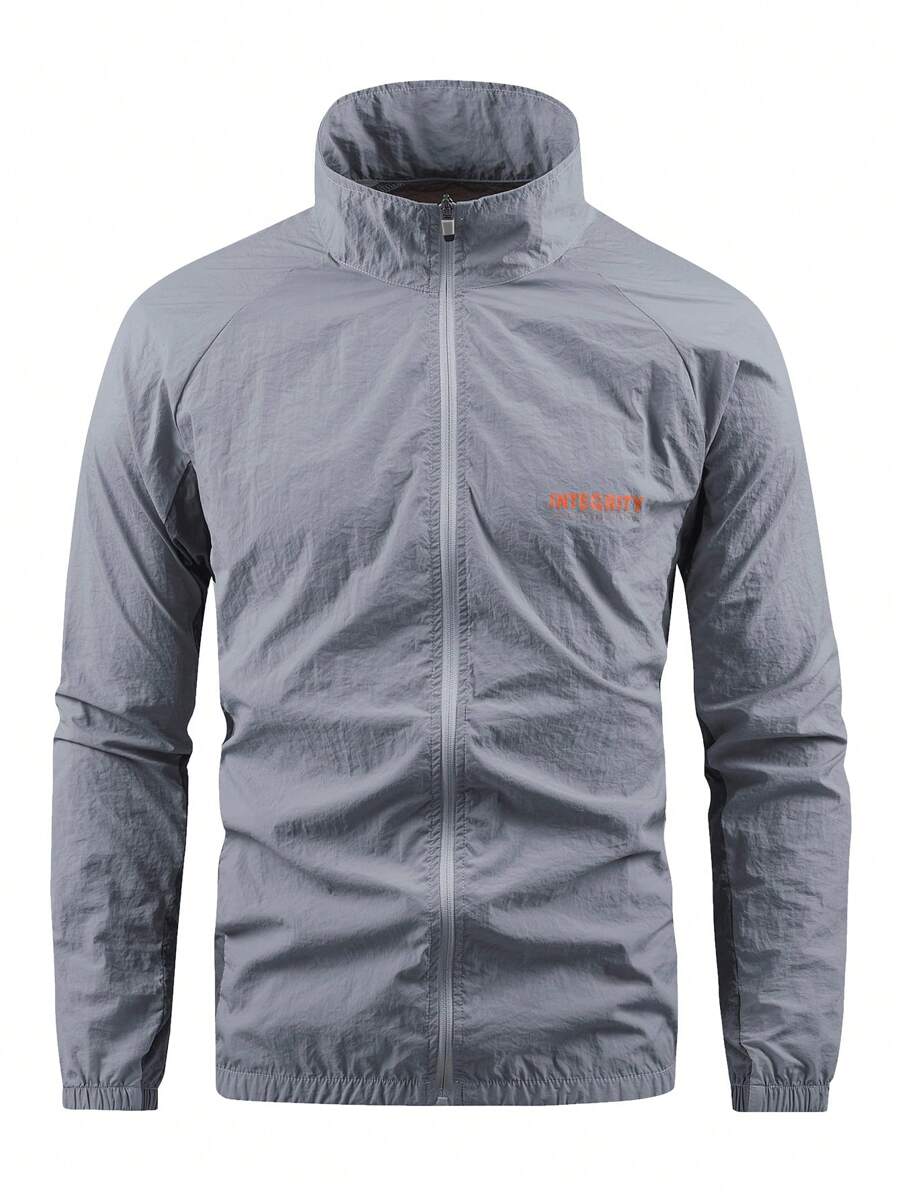 SHEIN Fitness Men Letter Graphic Zip Up Sports Jacket - Grey - View 1