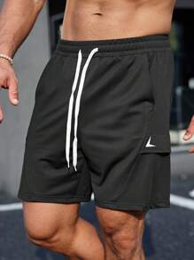 Manfinity Fitness Shorts deportivos para gimnasio para hombre con bolsillos inclinados y cintura elástica con cordón - Negro - Ver 3