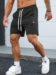 Manfinity Fitness Shorts deportivos para gimnasio para hombre con bolsillos inclinados y cintura elástica con cordón - Negro - Ver 7