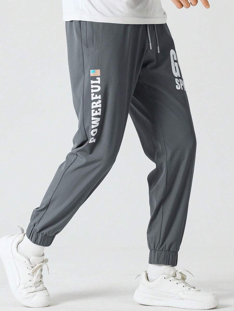 Manfinity Sport Corelite Men Letter Graphic Drawstring Waist Sports Trousers - Dark Grey - View 1