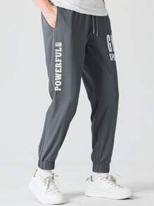 Manfinity Sport Corelite Men Letter Graphic Drawstring Waist Sports Trousers - Dark Grey - View 7