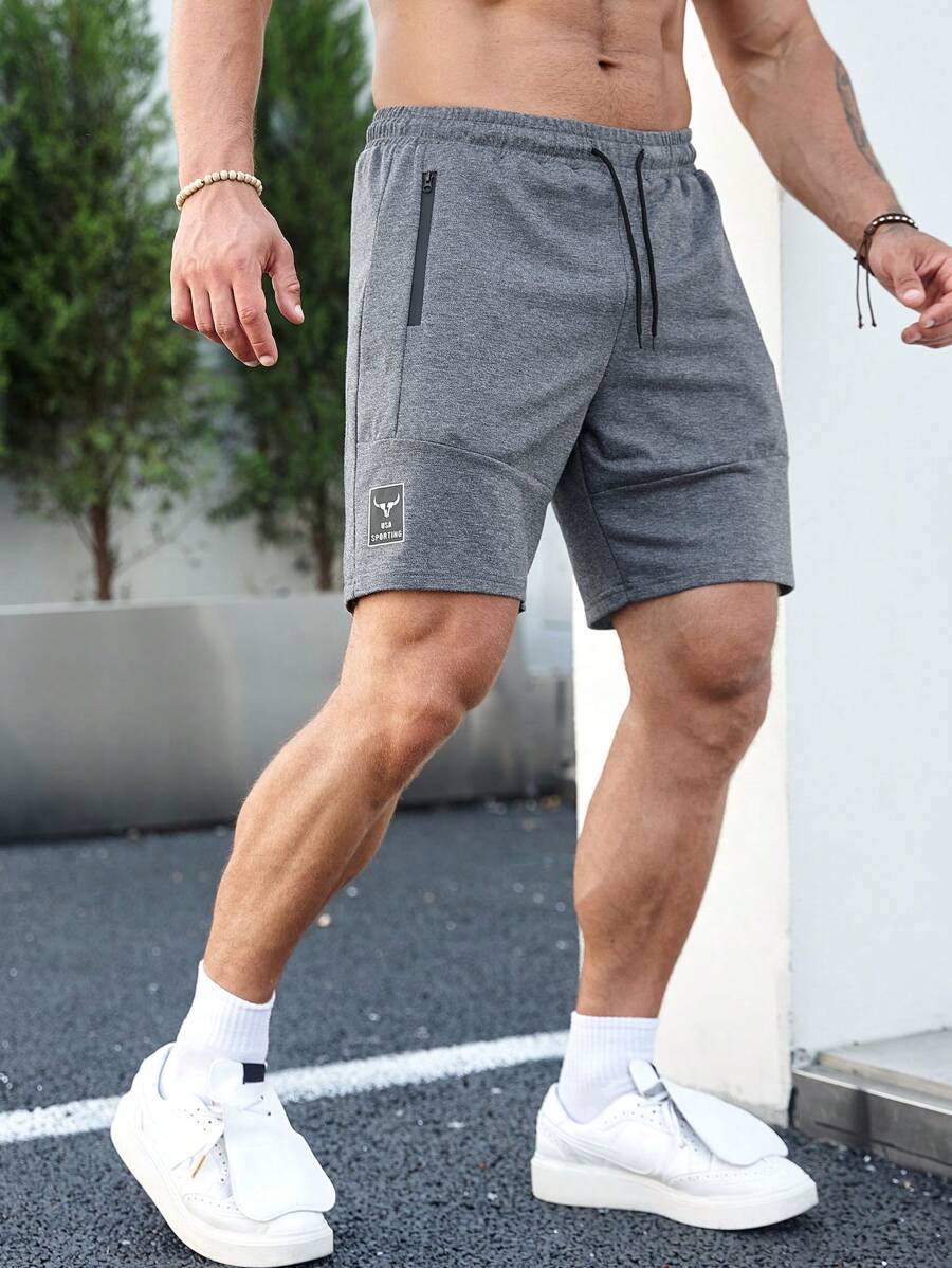 Running Men Letter Graphic Drawstring Waist Zip Pocket Sports Shorts Sweat Pants - Dark Grey - View 1