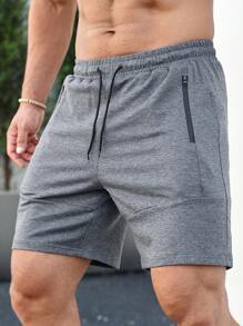 Running Men Letter Graphic Drawstring Waist Zip Pocket Sports Shorts Sweat Pants - Dark Grey - View 7