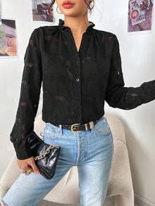 SHEIN Privé Jacquard Button Front Shirt - Black - View 4