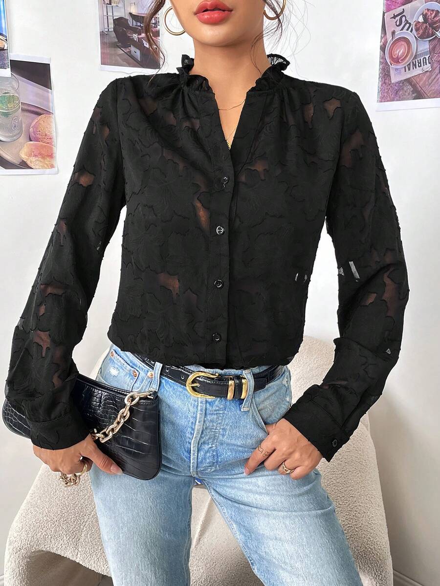 SHEIN Privé Jacquard Button Front Shirt - Black - View 1