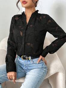 SHEIN Privé Jacquard Button Front Shirt - Black - View 5