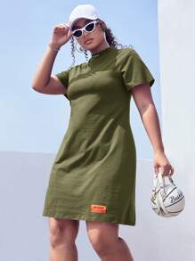 SHEIN EZwear Plus Letter Patched Detail Mock Neck Tee Dress - Army Green - View 1