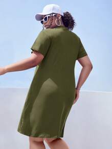 SHEIN EZwear Plus Letter Patched Detail Mock Neck Tee Dress - Army Green - View 2