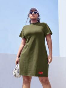 SHEIN EZwear Plus Letter Patched Detail Mock Neck Tee Dress - Army Green - View 3