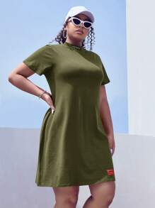 SHEIN EZwear Plus Letter Patched Detail Mock Neck Tee Dress - Army Green - View 4