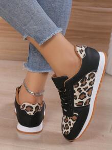 女性豹紋圖案前綁帶跑步運動戶外運動鞋 - 黑色 - 查看 2