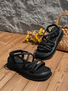 Women Multi Strap Design Wedge Sandals, Elegant Slingback Sandals For Summer - Black - View 2