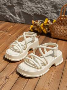 女士厚底坡跟凉鞋，米色，夏季新款沙滩凉鞋，百搭罗马拖鞋 - 米色 - 查看 2