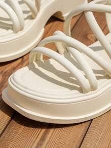 女士厚底坡跟凉鞋，米色，夏季新款沙滩凉鞋，百搭罗马拖鞋 - 米色 - 查看 4