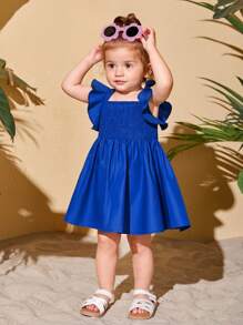 SHEIN 揉皺 打褶純色嬰兒連衣裙 - 藍色 - 查看 1