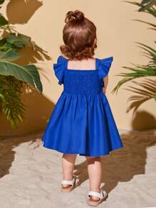 SHEIN 揉皺 打褶純色嬰兒連衣裙 - 藍色 - 查看 2