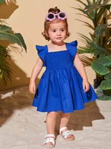 SHEIN 揉皺 打褶純色嬰兒連衣裙 - 藍色 - 查看 5