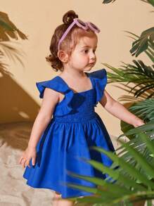 SHEIN 揉皺 打褶純色嬰兒連衣裙 - 藍色 - 查看 6