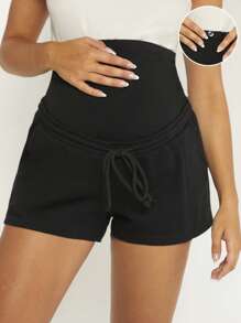 SHEIN Thai sản Lông cừu Eo dây rút Cuộn lên Hem Quần short - màu đen - Xem 3