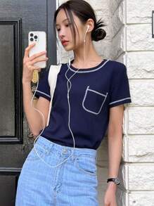 DAZY 對比修邊口袋拼接t卹 - 藏蓝色 - 查看 2