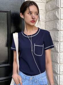 DAZY 對比修邊口袋拼接t卹 - 藏蓝色 - 查看 4