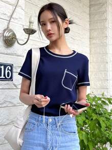 DAZY 對比修邊口袋拼接t卹 - 藏蓝色 - 查看 5