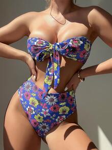 印花前打結抹胸比基尼泳裝 - 寶藍色 - 查看 4