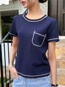 DAZY 對比修邊口袋拼接t卹 - 藏蓝色 - 查看 9