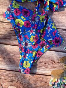 印花前打結抹胸比基尼泳裝 - 寶藍色 - 查看 7